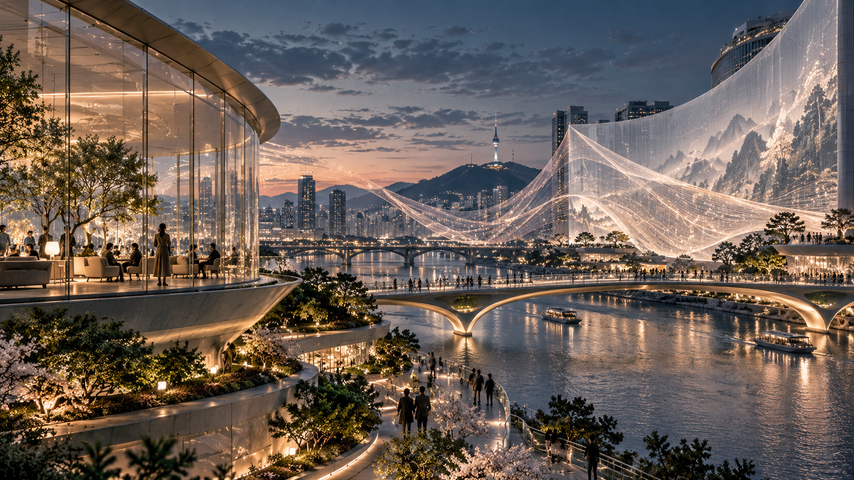 Visión conceptual de una ciudad futura junto al río, con puentes, espacios de encuentro y conexiones luminosas